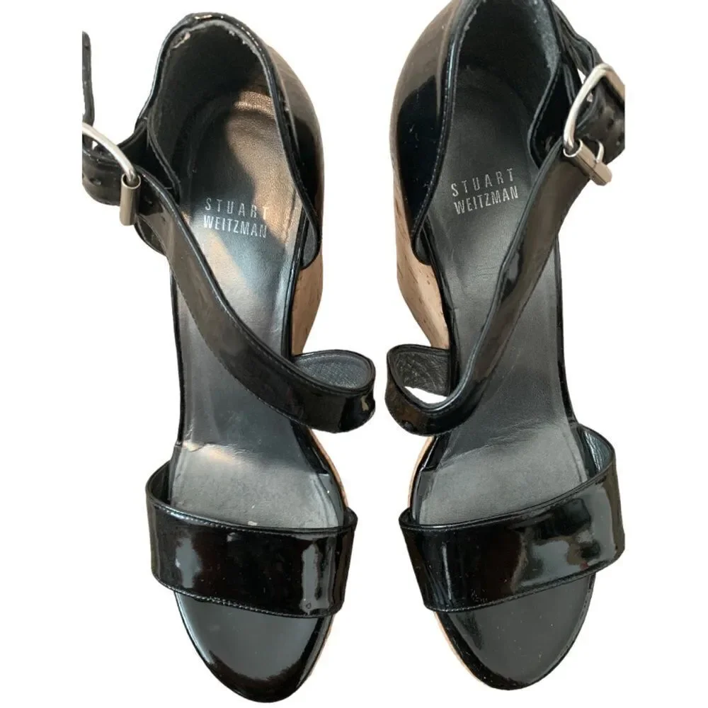 Stuart Weitzman Black Patent Leather Wedge Sandal Size 9.5 - Picture 9 of 14